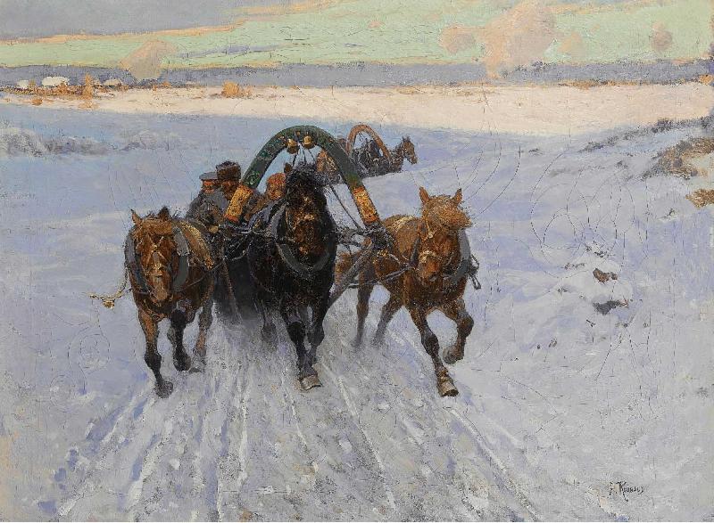 Franz Roubaud Troika racing through the snow oil painting image